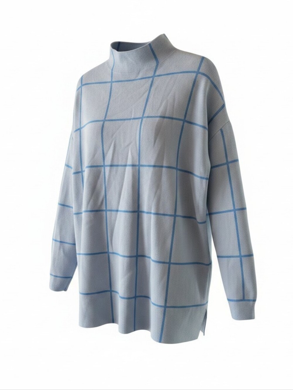 Loft Light Blue Grid Mock-Neck Sweater
